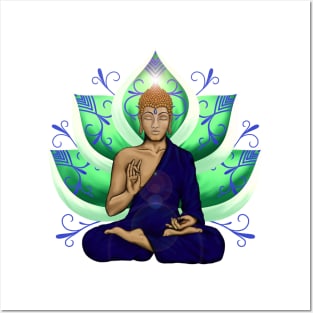 Abhaya Mudra Buddha with Lotus Flower, Green and Blue Posters and Art